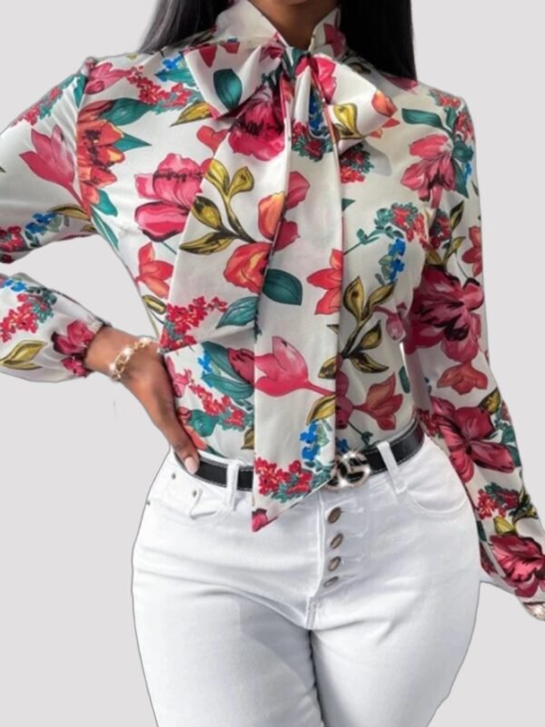Women’s Floral Print Bow Tie Office Shirt